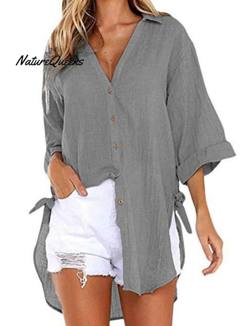 Ladies Cotton Linen Irregular Casual Shirt