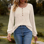Women's Fall Button Scoop Neck Puff Long Sleeve Henley Shirts