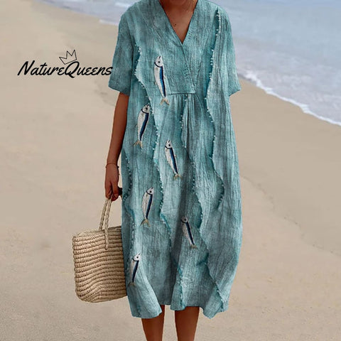 Fish & Sea Waves Sequin Embroidered Flowy Linen Blend Dress