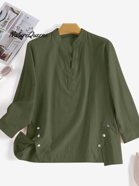 Ladies V-Neck Casual Cotton And Linen Shirt With Irregular Hem Design