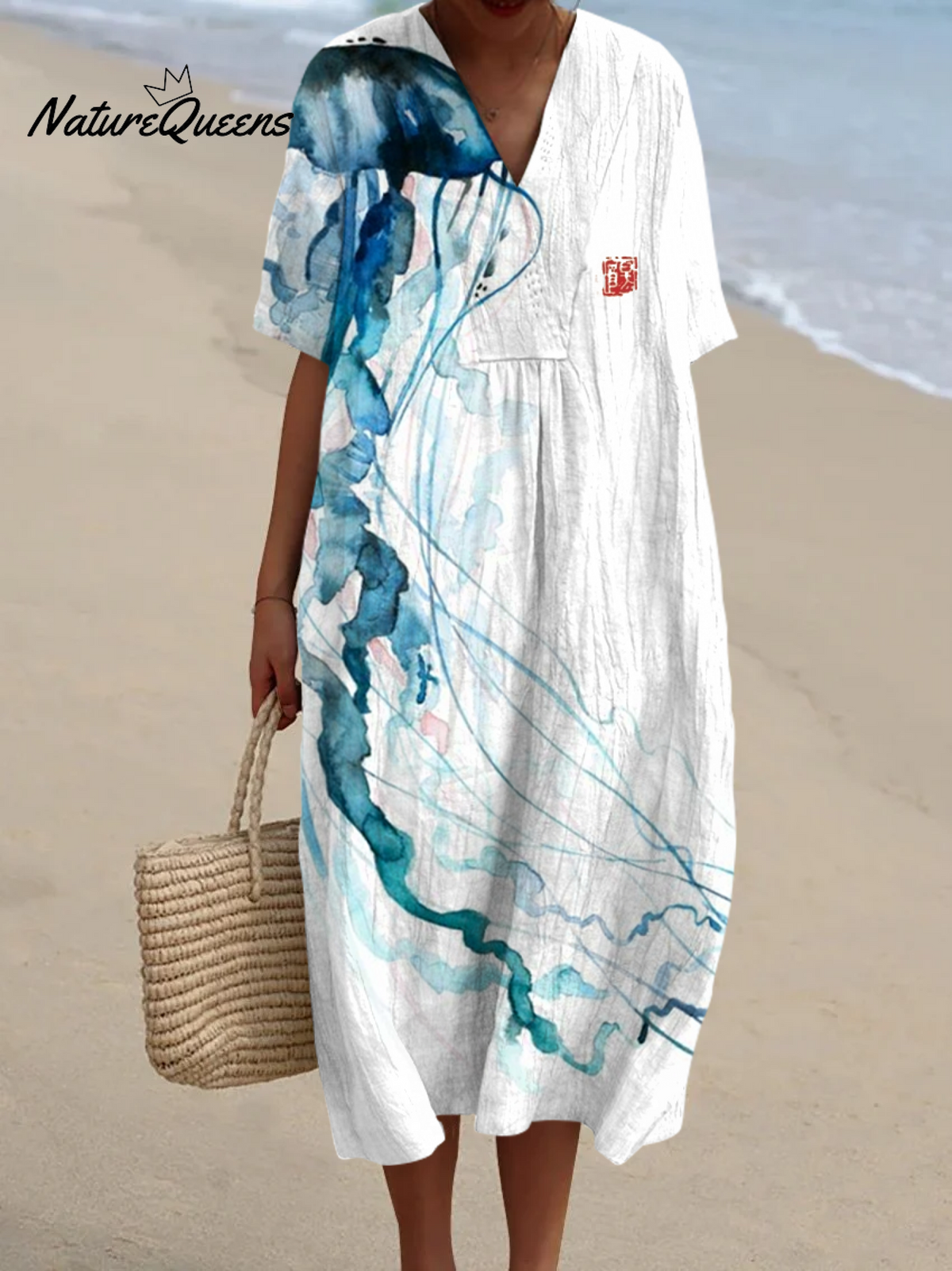 Vintage Japanese Art Jellyfish Print V-Neck Loose Holiday Dress