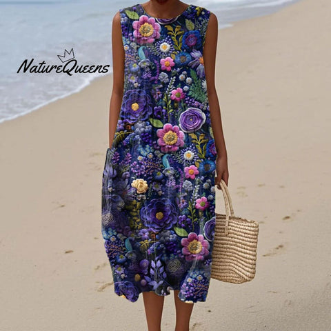 Women's Retro Purple Flowers Art Linen Tank Dress