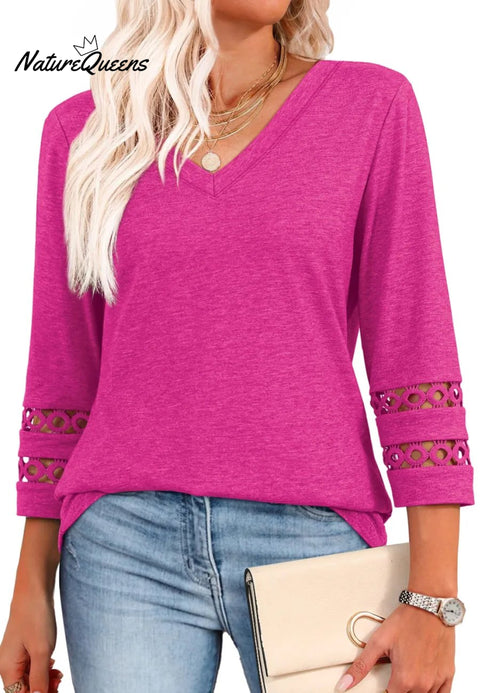 2025 New Womens 3/4 Length Sleeve Tops Trendy V Neck T Shirts