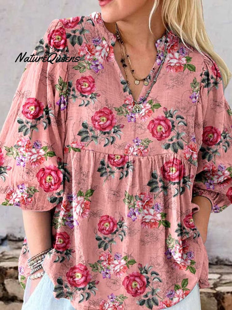 Women's Elegant Simple Rose Floral Pattern Linen Top