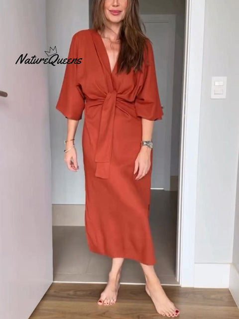 Casual V-neck cotton and linen lace-up dress