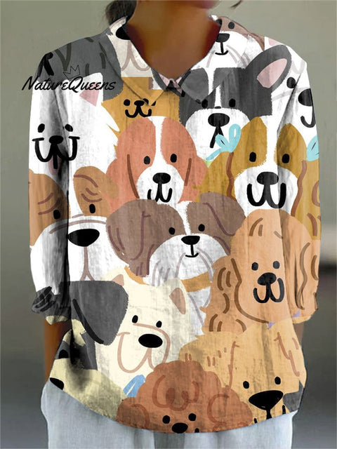 Cartoon Dog Print Cotton and Linen Lapel Long Sleeve Shirt