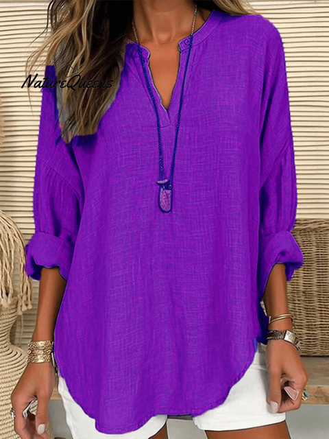 Women’s Cotton Long Sleeve Round Neck Solid Color Loose Beach Shirt Purple / S