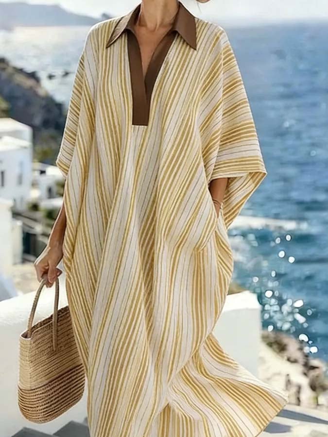 Women'S Casual Loose Striped Cotton And Linen Dress