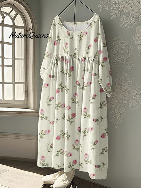 Floral Print Round Neck Loose Midi Dress