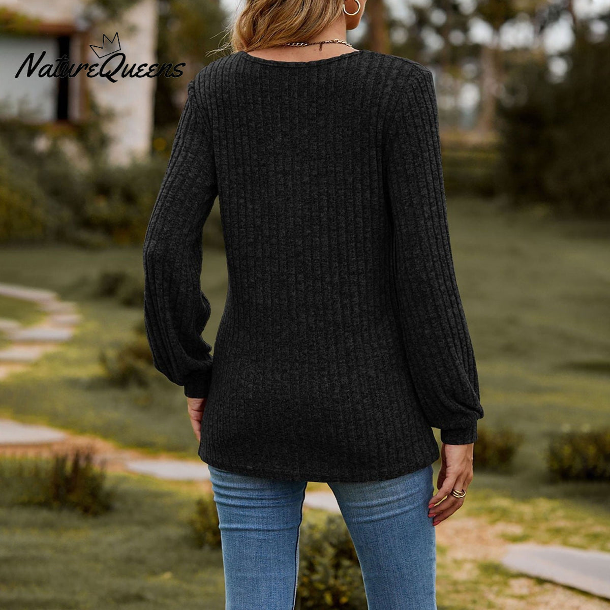 Women's Fall Button Scoop Neck Puff Long Sleeve Henley Shirts