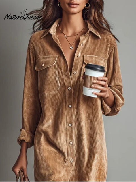 Loose Corduroy Double Chest Pocket Single Breasted Midi Dress