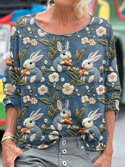 Women's Easter Bunny Print Crewneck Top