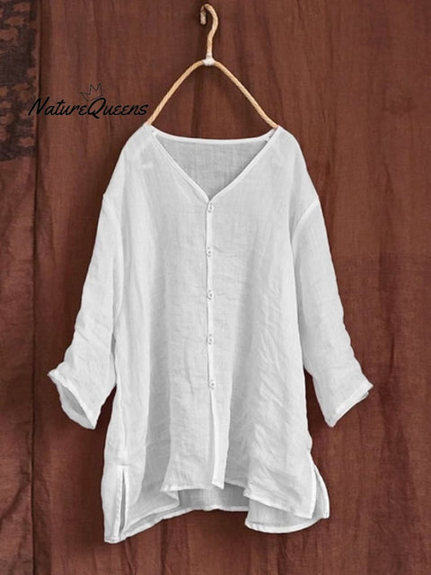 Women's Loose Solid Color V-Neck Mid-Sleeve Cotton And Linen Casual Shirt