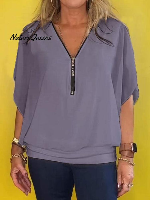 Chiffon Half-zip Short-sleeved Casual Top(buy 2 free shipping)