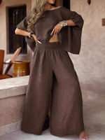 Full Size Boat Neck Top and Wide Leg Pants Set Plus Size