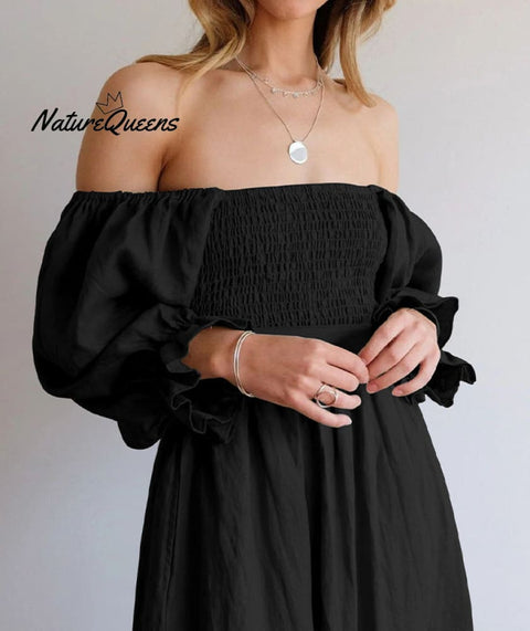 French Ruffled Lantern Sleeves Multi-wear Dress Green