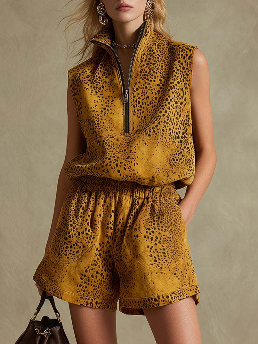 Casual Western Leopard Print Brown Sleeveless Top And Shorts Set
