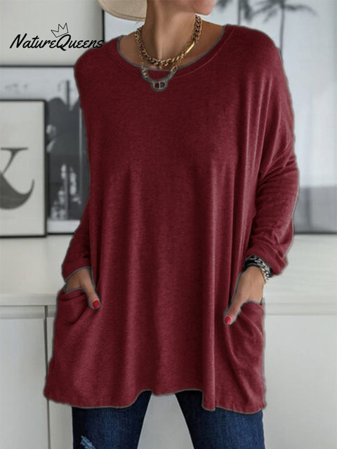 Solid Pocket Round Neck Long Sleeve T Shirt