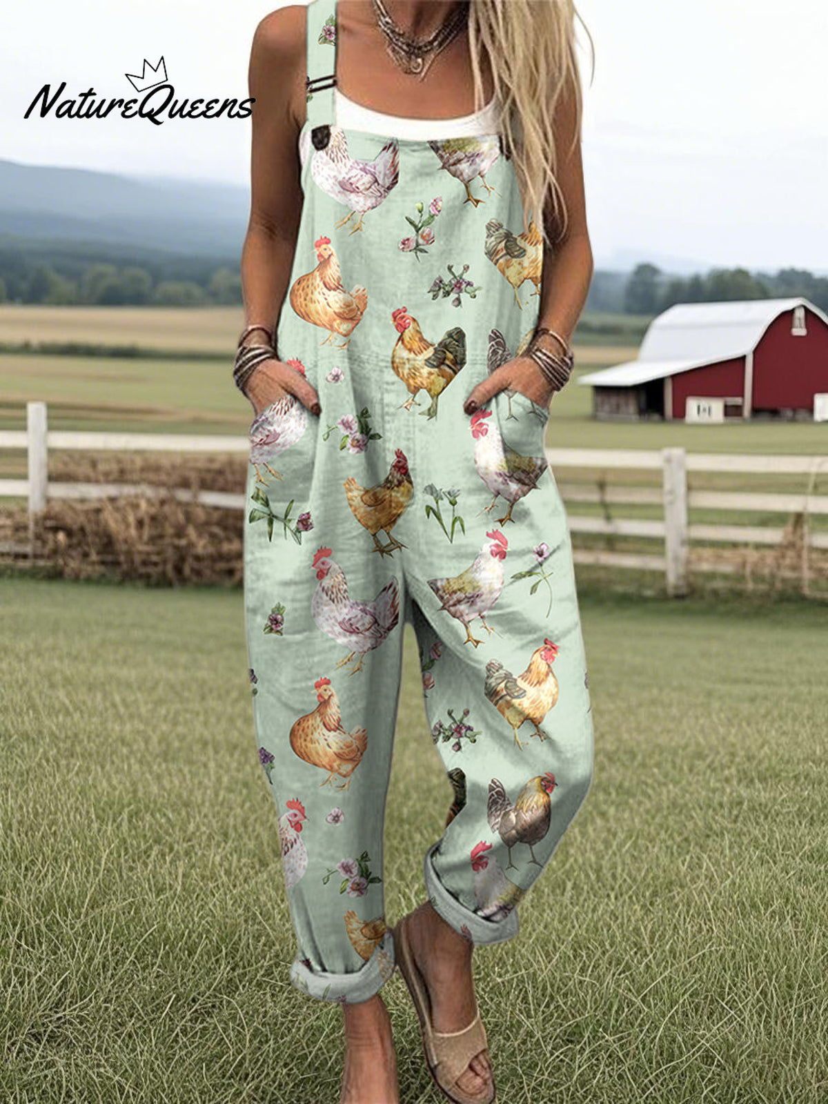 Women's Farm Chicken And Floral Pattern Casual Cotton Wide Leg Jumpsuit