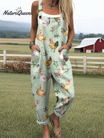 Women's Farm Chicken And Floral Pattern Casual Cotton Wide Leg Jumpsuit