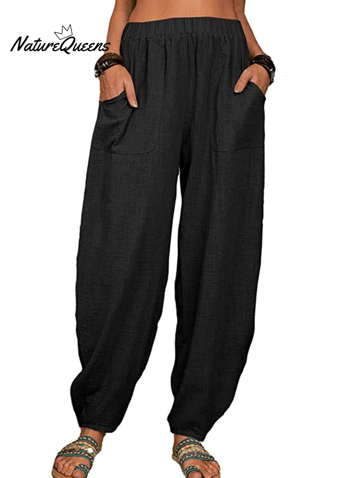 Casual Plain Loose Cotton Harem Pants Black / S