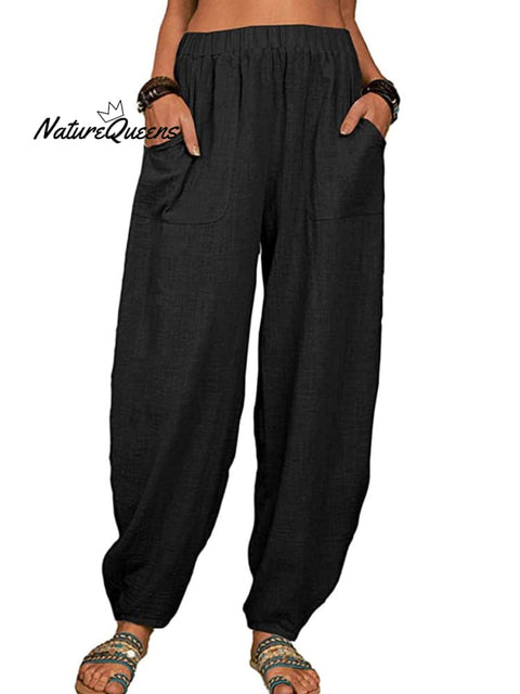 Casual Plain Loose Cotton Harem Pants Black / S