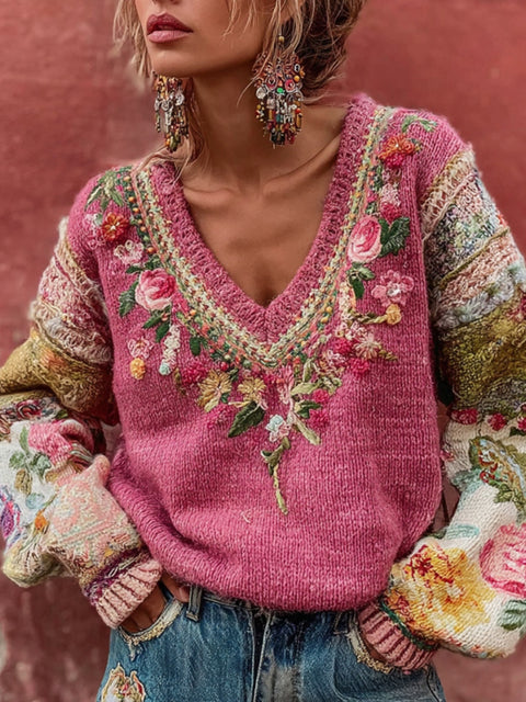 Women's Bohemian Floral Embroidery Patchwork Art V-neck Cozy Knit Sweater