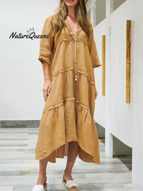 Women's Casual Solid Color Loose Ruffle Hem Cotton and Linen Dress