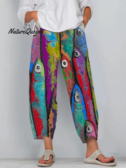 Retro Colorful Fish Art Print Casual Capri Pants