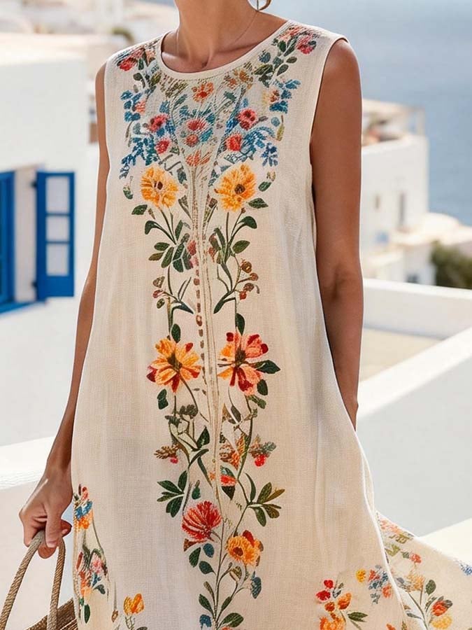 Women'S Round Neck Sleeveless Color-Block Printed Dress