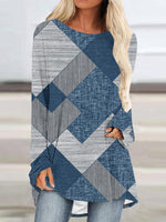 Crew Neck Long Sleeve Denim Pattern Mid-length Blouse