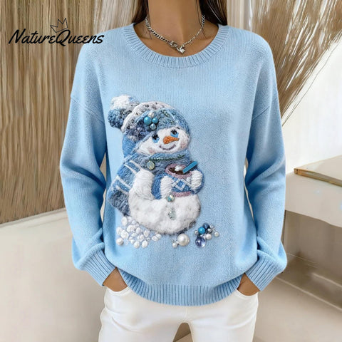 Women's Christmas Snowman Art Cozy Knit Pullover Sweater