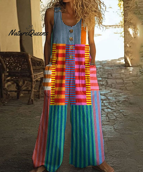 Retro Abstract Geometric Art Print Casual Wide Leg Jumpsuit