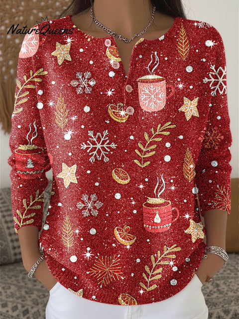 Christmas Tree Snowflake Pattern Print Henley Neck Sparkling Sequin Sweater