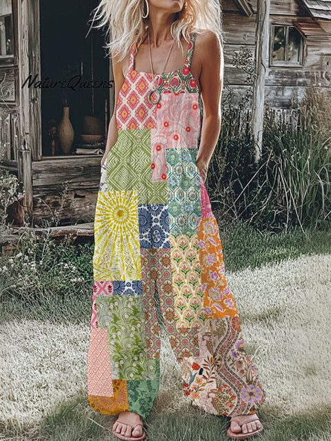 Women's Floral Patchwork Linen Print Cotton Linen Jumpsuit