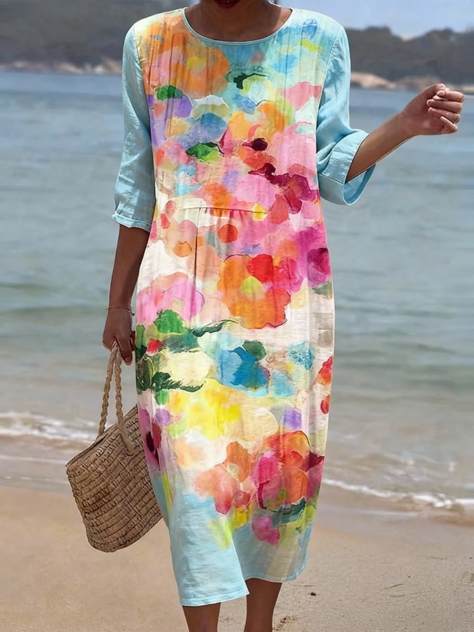 Women's CasualRound Neck Mid Sleeve Print Cotton and Linen Dress