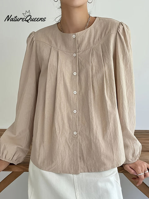 Loose Puff Sleeves Pleated Split-Joint Round-Neck Blouses&Shirts Tops