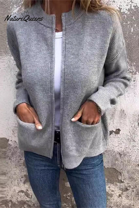 Solid Color Long Sleeve Zipper Pocket Casual Knitted Cardigan