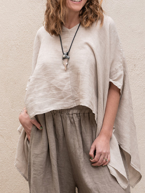 Flowy Hem Batwing Sleeves Linen Top