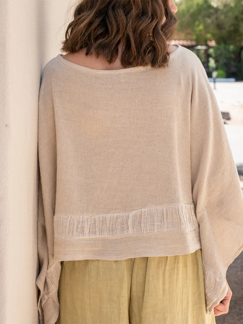 Batwing Sleeve Boat Neck Cotton and Linen Top