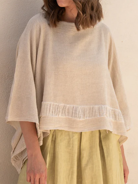 Batwing Sleeve Boat Neck Cotton and Linen Top
