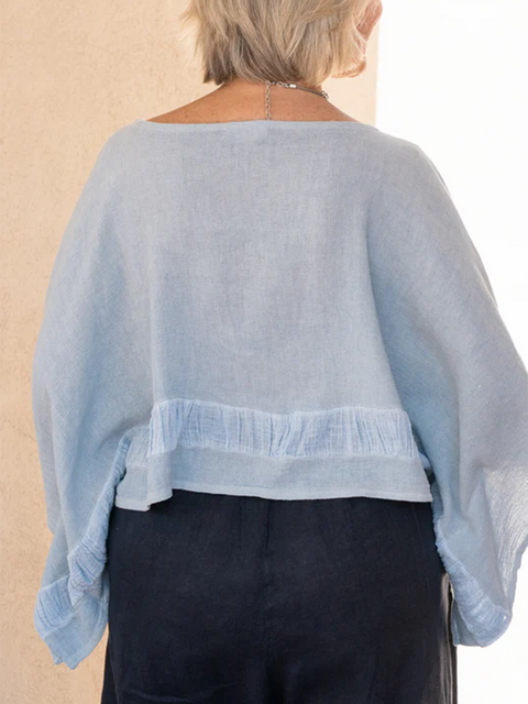 Batwing Sleeve Boat Neck Cotton and Linen Top