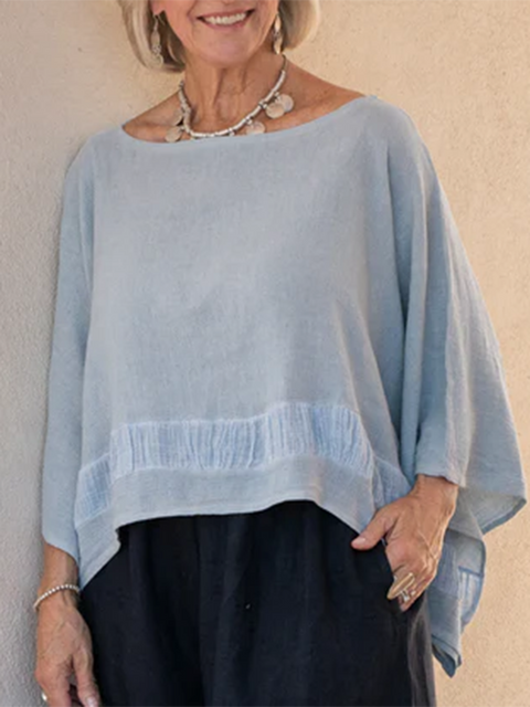 Batwing Sleeve Boat Neck Cotton and Linen Top