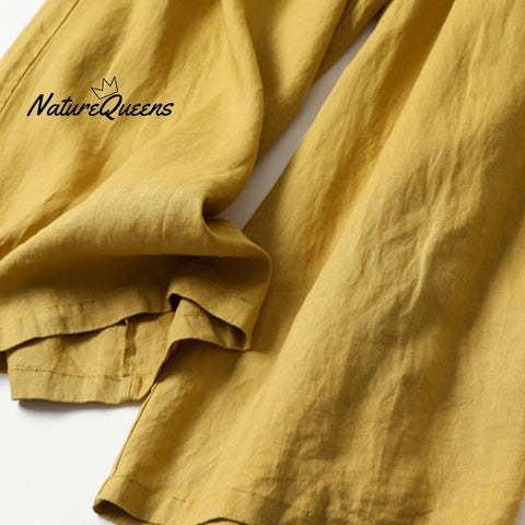 Cotton Linen Loose Semi - Elastic Cropped Pants