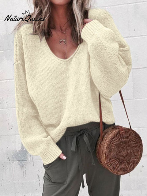 Women's Solid Color Casual V-Neck Sweater
