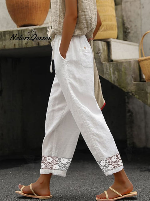 Women’s Pure Color Elegant Lace Stitching Casual Cotton Pants White / M