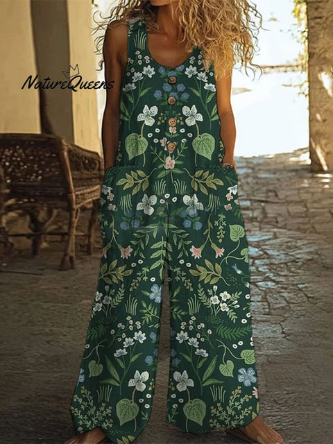 Fashionable And Casual Cotton And Linen Floral Art Jumpsuit
