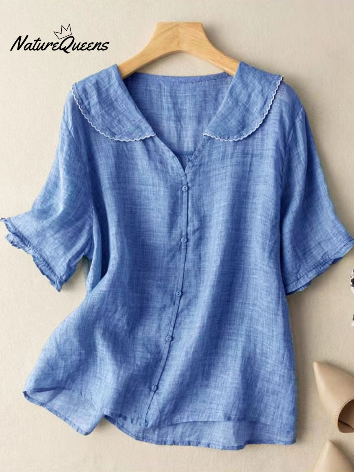 Cotton And Linen Retro Short Sleeved Navy Doll Collar Thin Shirt Blue / M