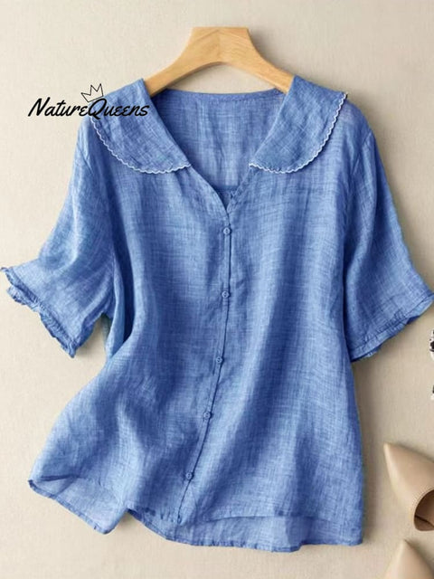 Cotton And Linen Retro Short Sleeved Navy Doll Collar Thin Shirt Blue / M