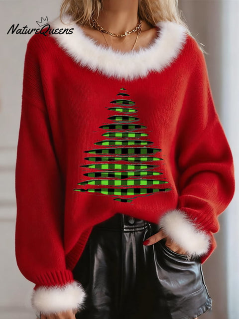 Women's Christmas Tree  Print Fur Collar Knit Top